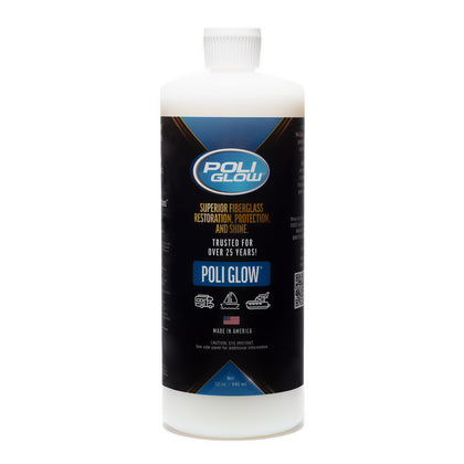 A bottle of Poli Glow Boat and RV Polish with a label featuring information about the product's use for fiberglass restoration and protection.