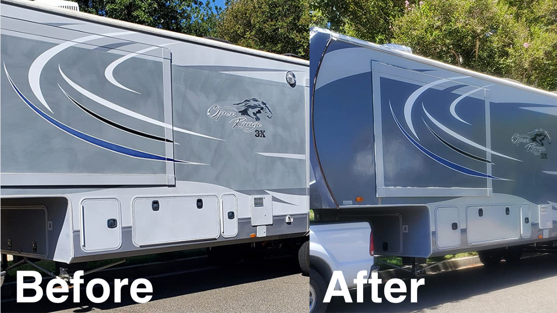 using Poli Glow system on an RV to remove the oxidation, fade and restore its shine before and after images