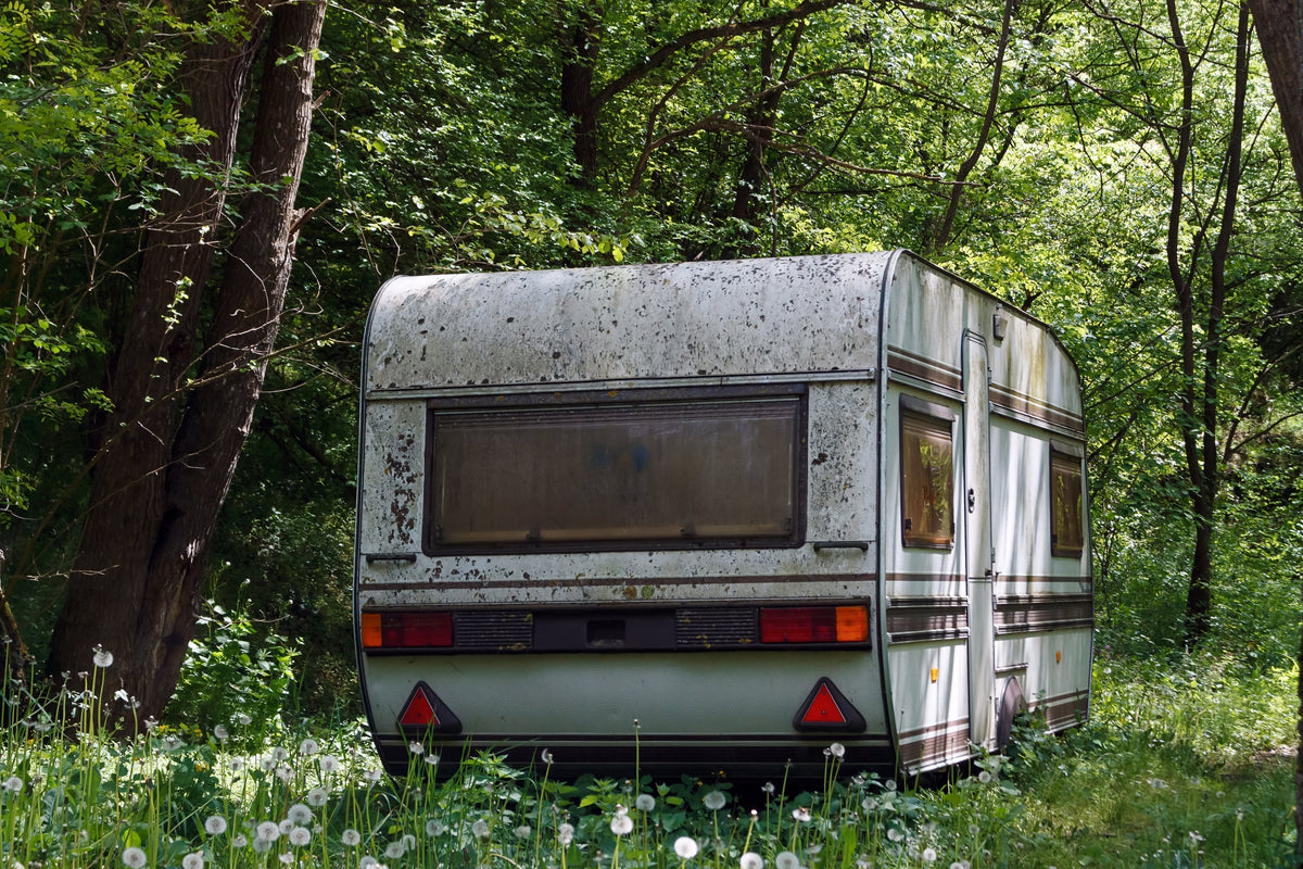 Oxidized trailer in the middle of the woods 