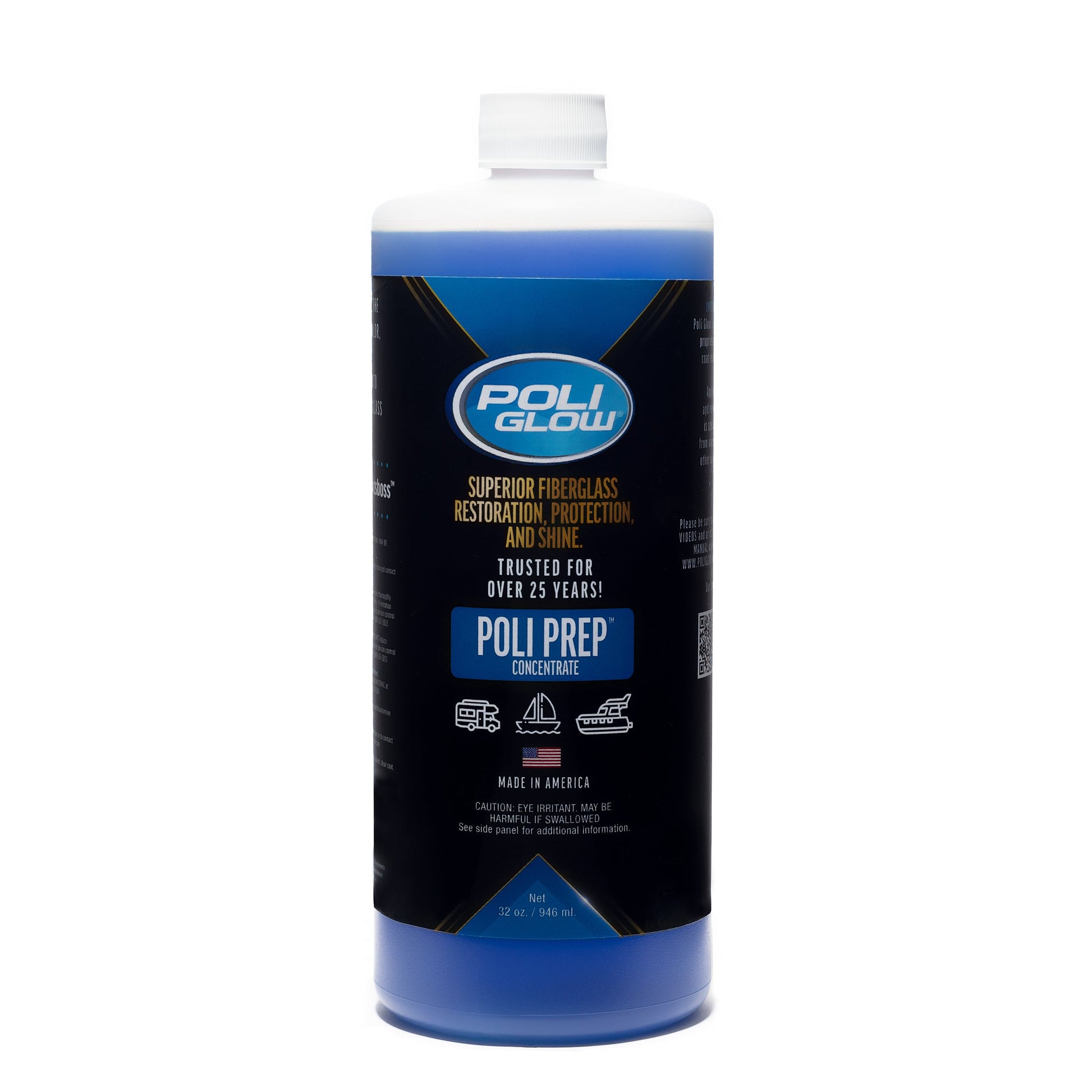 A blue bottle of concentrated Poli Glow Poli Prep Boat and RV cleaning solution used for oxidation, stains, dirt, tar, and grime remover with label and branding.
