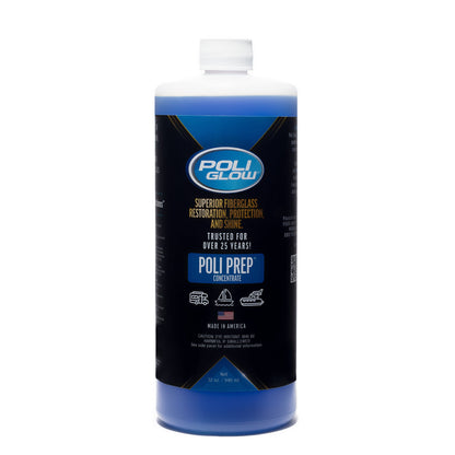 A blue bottle of concentrated Poli Glow Poli Prep Boat and RV cleaning solution used for oxidation, stains, dirt, tar, and grime remover with label and branding.