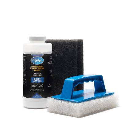 A bottle of Poli Ox boat and RV oxidation removal solution, a non-abrasive scrub pad with a handle, and an ultra-fine sanding pad.