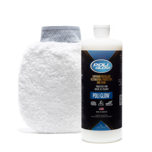 A bottle of Poli Glow boat polish with a mitt applicator, both displayed against a white background.