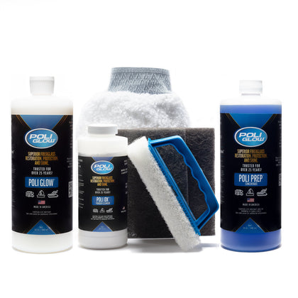 A set of products for boat restoration including bottles of Poli Glow, Poli Ox, and Poli Prep solutions, along with a Poli-Mitt applicator, a non-abrasive scrub pad, and an ultra-fine sanding pad.