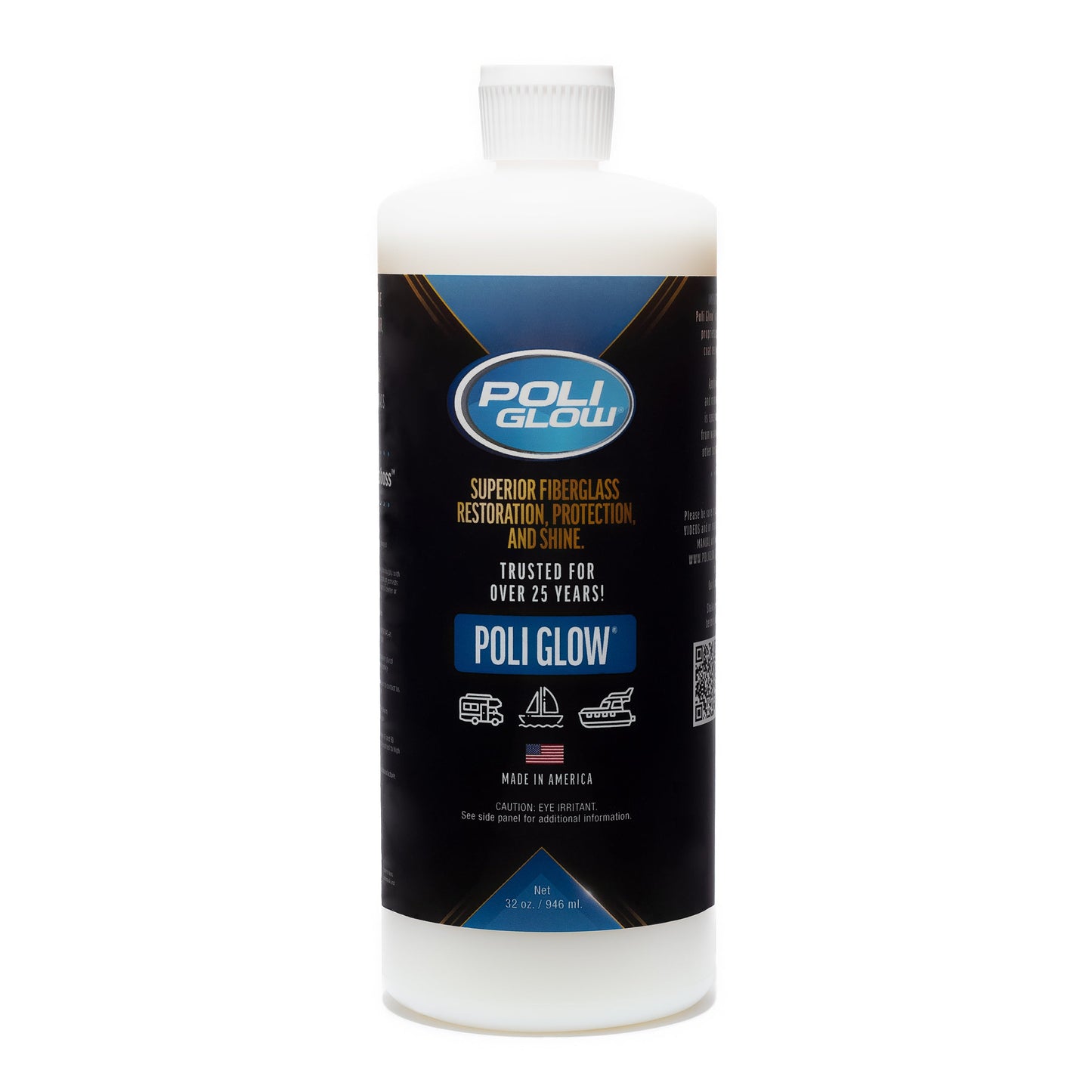 A bottle of Poli Glow Boat and RV Polish with a label featuring information about the product's use for fiberglass restoration and protection. 
