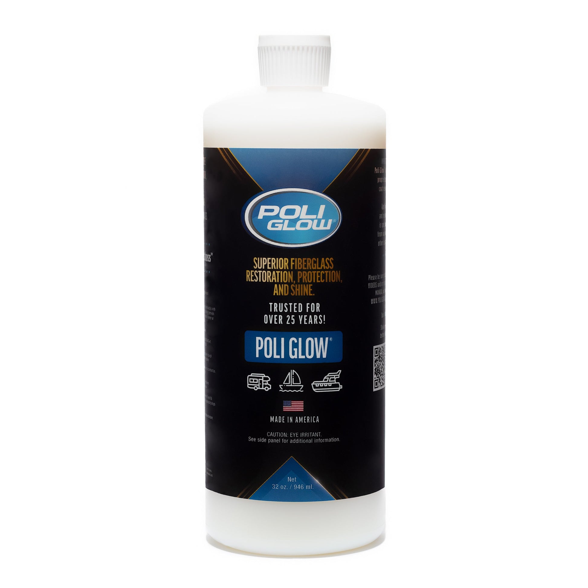 A bottle of Poli Glow Boat and RV Polish with a label featuring information about the product's use for fiberglass restoration and protection. 