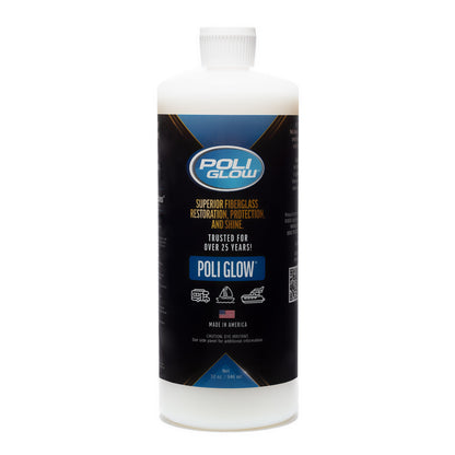 A bottle of Poli Glow Boat and RV Polish with a label featuring information about the product's use for fiberglass restoration and protection. 