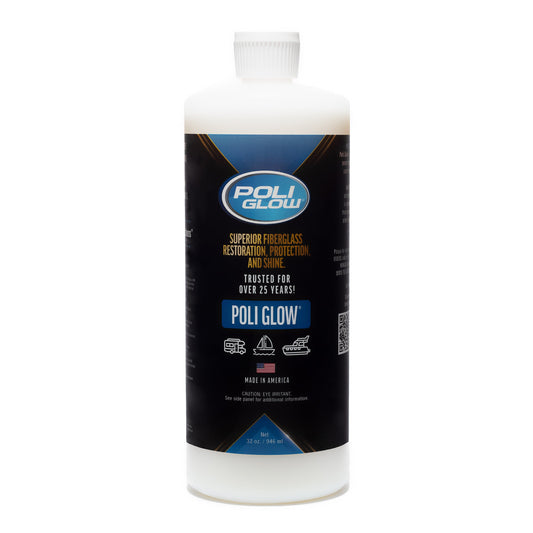 A bottle of Poli Glow Boat and RV Polish with a label featuring information about the product's use for fiberglass restoration and protection. 