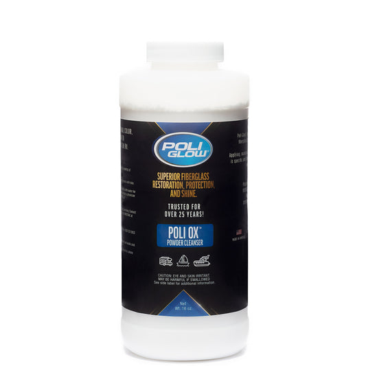 A white plastic bottle with a label that includes the brand name 'Poli Glow' and the product name 'Poli Ox'. The label has blue and black text detailing the product's use for removing oxidation from boats.