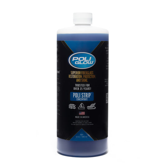 A bottle of Poli Strip degreaser and stripper for boats and RV with a label showing product information.