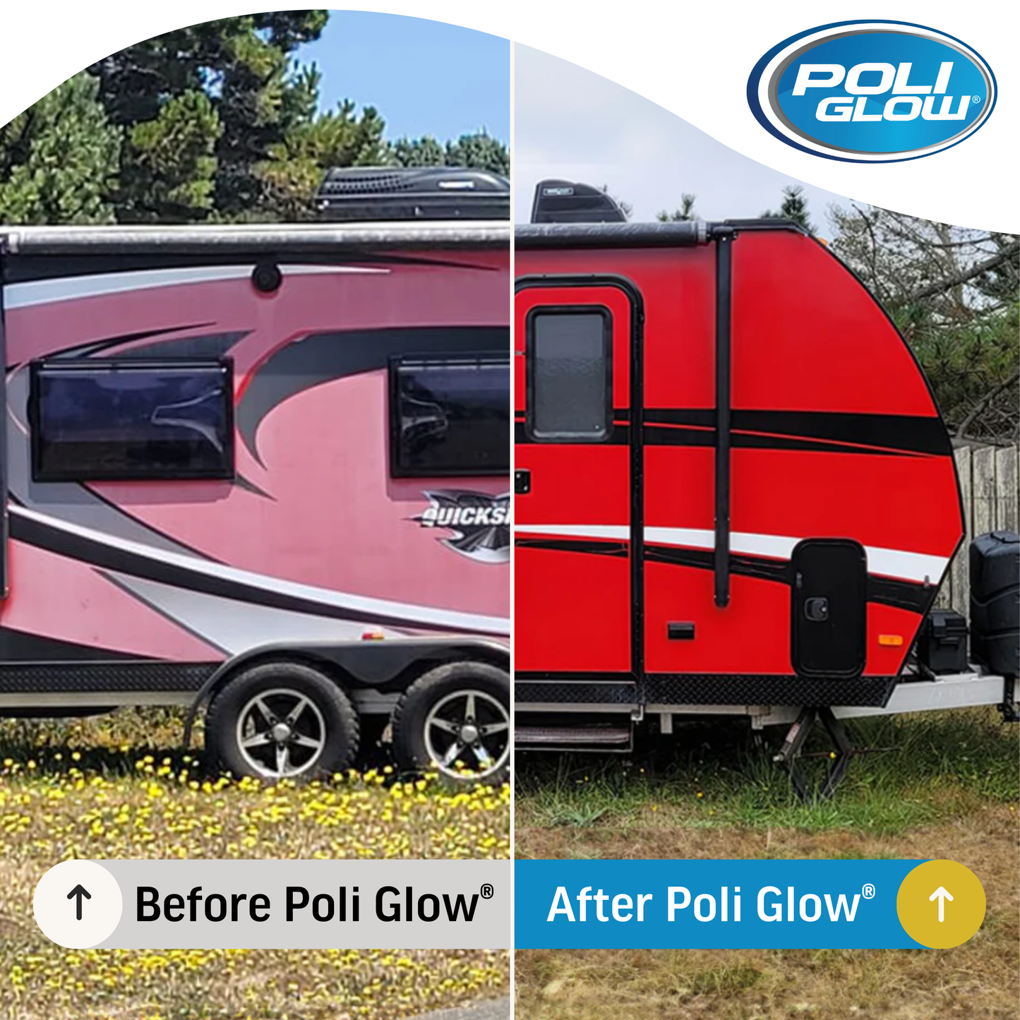Comparison of a travel trailer before and after Poli Glow treatment, with Poli Glow logo visible.