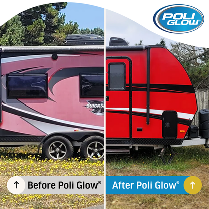 Comparison of a travel trailer before and after Poli Glow treatment, with Poli Glow logo visible.