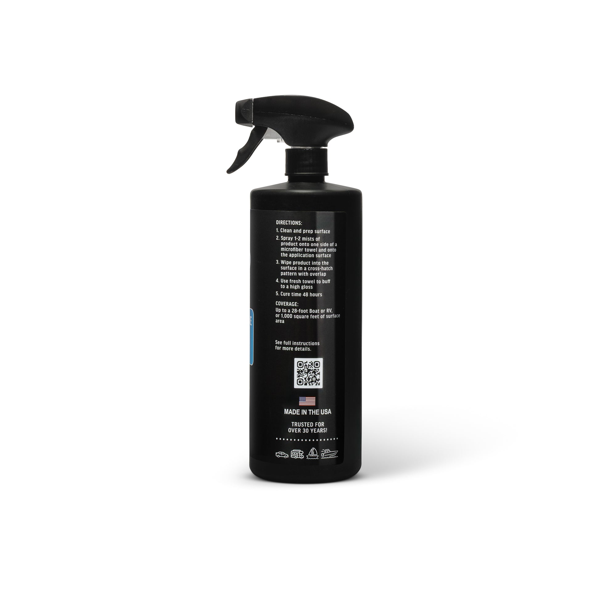 graphene ceramic spray detailer hydrophobic gloss protection Black spray bottle with a label on a white background showing the side of the bottle with directions on application.