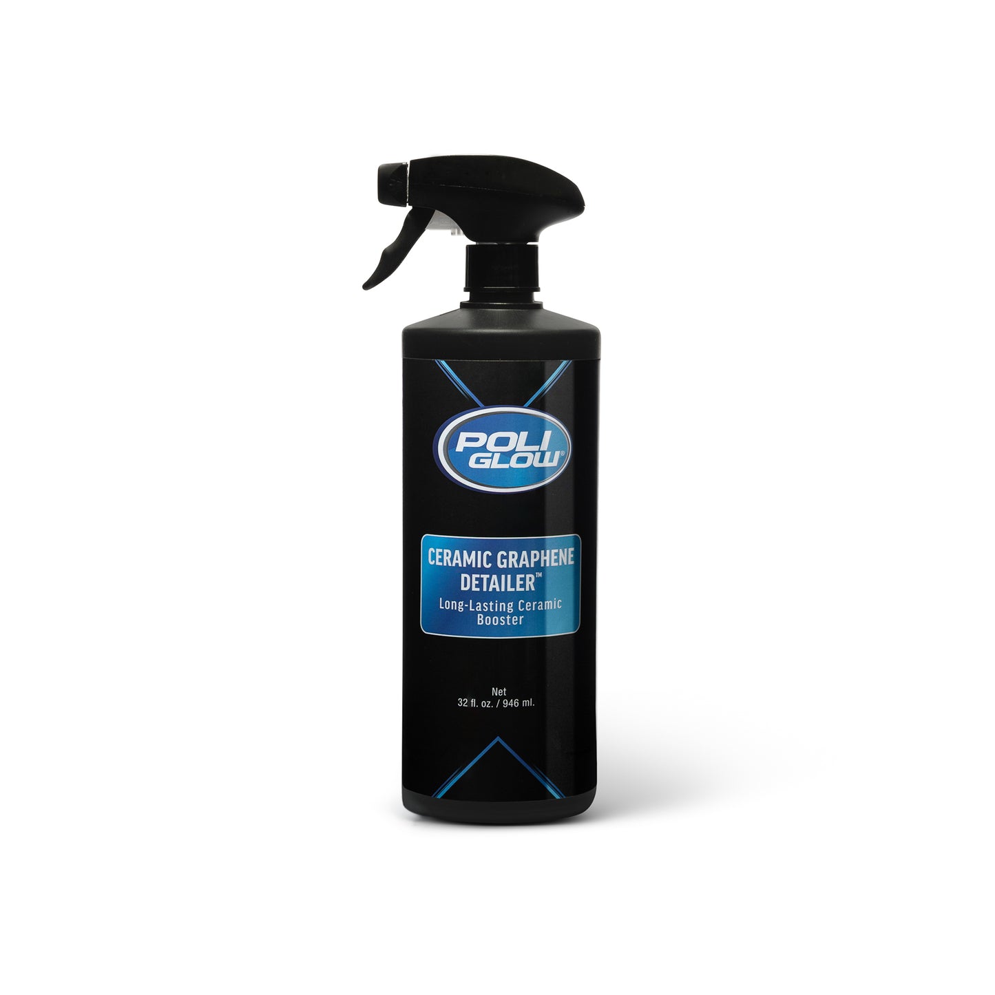 graphene ceramic spray detailer bottle for vehicle paint protection pictured in a Black spray bottle with a blue label on a white background