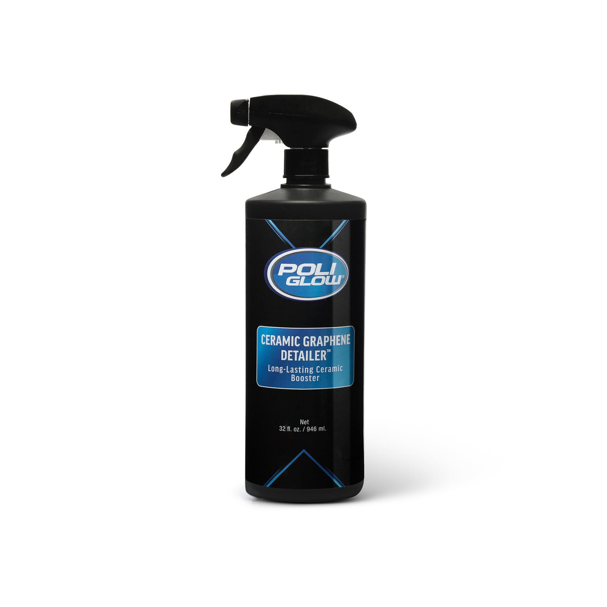 graphene ceramic spray detailer bottle for vehicle paint protection pictured in a Black spray bottle with a blue label on a white background