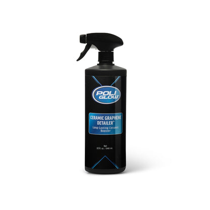 graphene ceramic spray detailer bottle for vehicle paint protection pictured in a Black spray bottle with a blue label on a white background