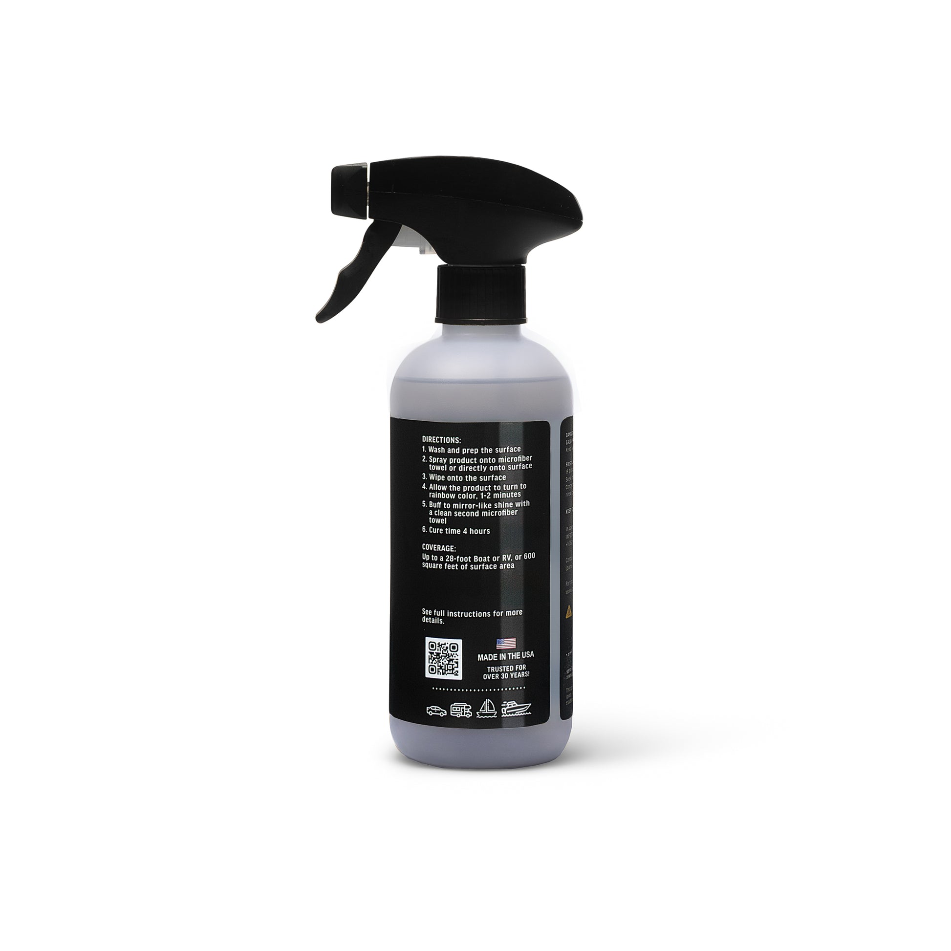 Graphene Ceramic Spray Coating is a Ultra-hard protection with deep gloss, water beading, and self-cleaning performance. Spray bottle with black nozzle and label on a white background side of the label to show directions.