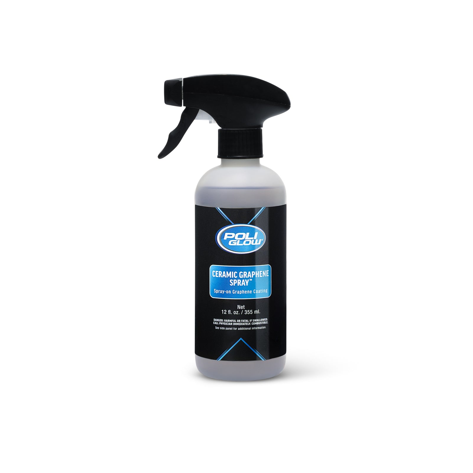  Graphene Ceramic Spray Coating™ is a partially reduced, graphene-oxide modified ceramic formula designed to deliver unmatched durability, clarity, and protection.  Spray bottle labeled 'PoliGlow' on a white background front view of label