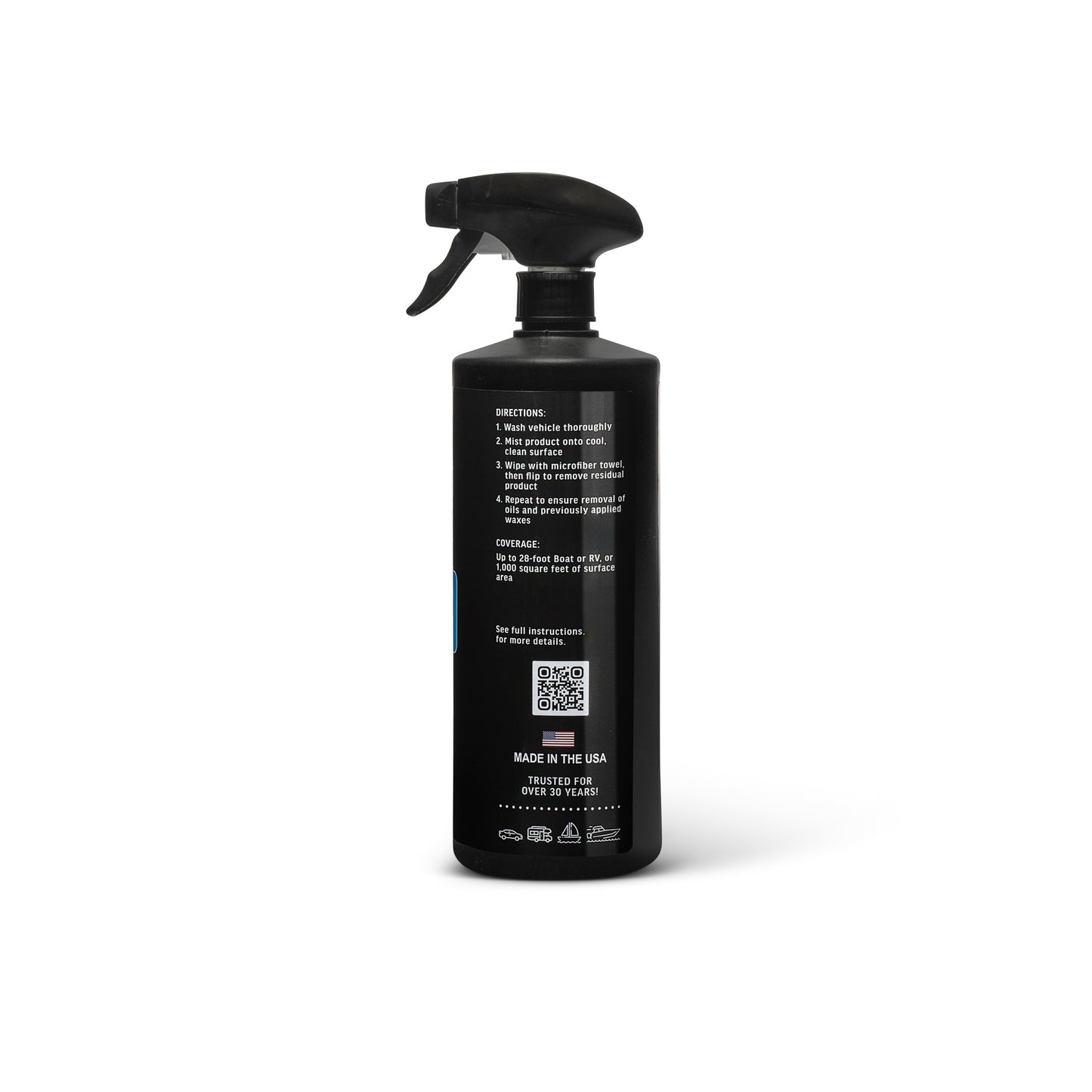 Poli Fresh Prep™ is a professional panel prep IPA panel wipe cleaner before ceramic coating application Black spray bottle with label on a white background showing side of bottle with directions
