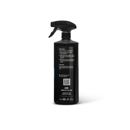 Poli Fresh Prep™ is a professional panel prep IPA panel wipe cleaner before ceramic coating application Black spray bottle with label on a white background showing side of bottle with directions