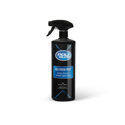 Poli Fresh Prep™ is a professional detailing panel prep spray with isopropyl alcohol Black spray bottle with Poli Glow logo on a white background showing front of the label