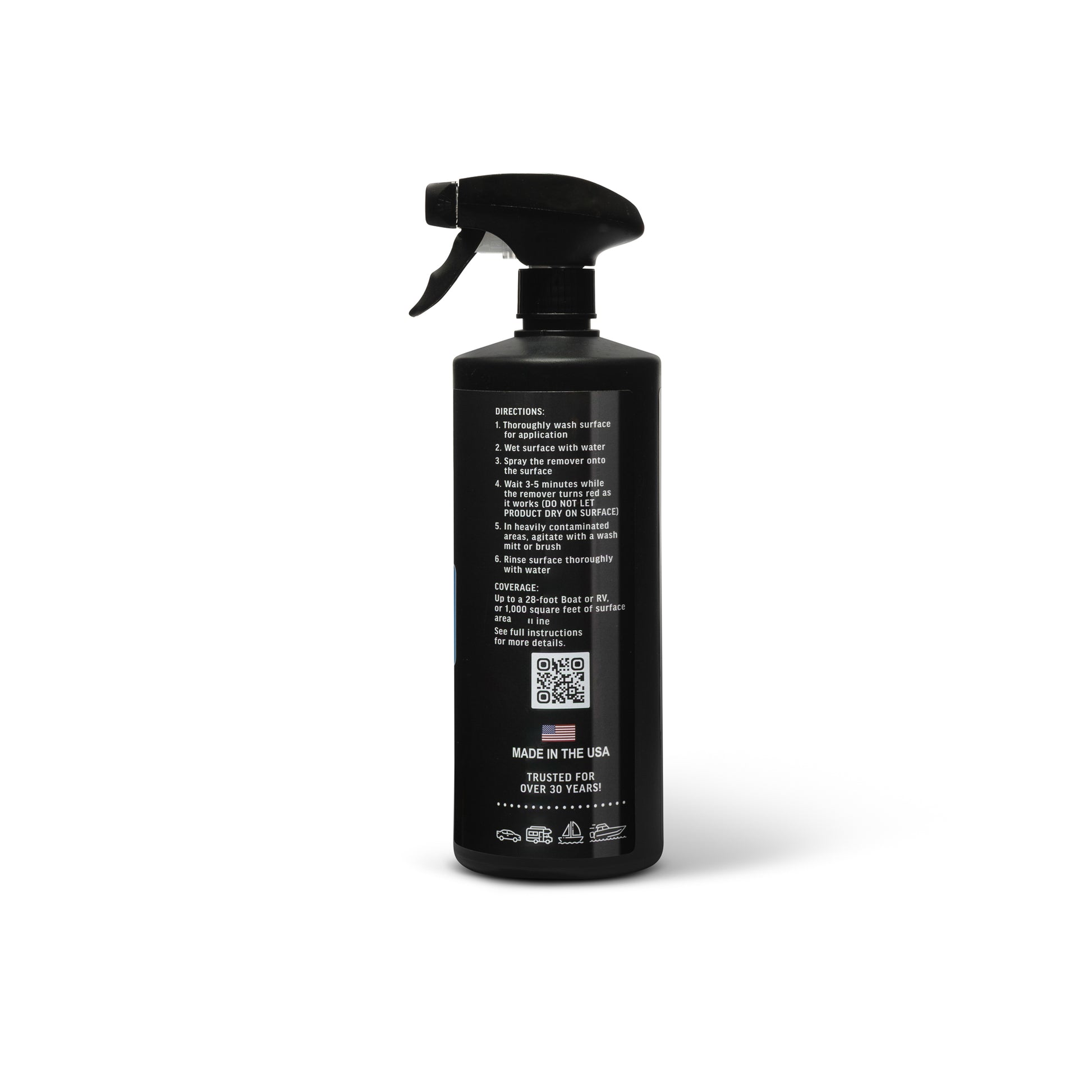 Poli Iron Remover is a pH-balanced iron remover that dissolves brake dust and rail dust. Color-changing formula safely cleans paint, gelcoat, wheels, and metal trim. Black spray bottle with a label on a white background showing the side with the directions.
