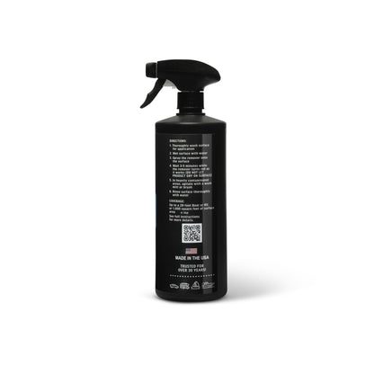 Poli Iron Remover is a pH-balanced iron remover that dissolves brake dust and rail dust. Color-changing formula safely cleans paint, gelcoat, wheels, and metal trim. Black spray bottle with a label on a white background showing the side with the directions.