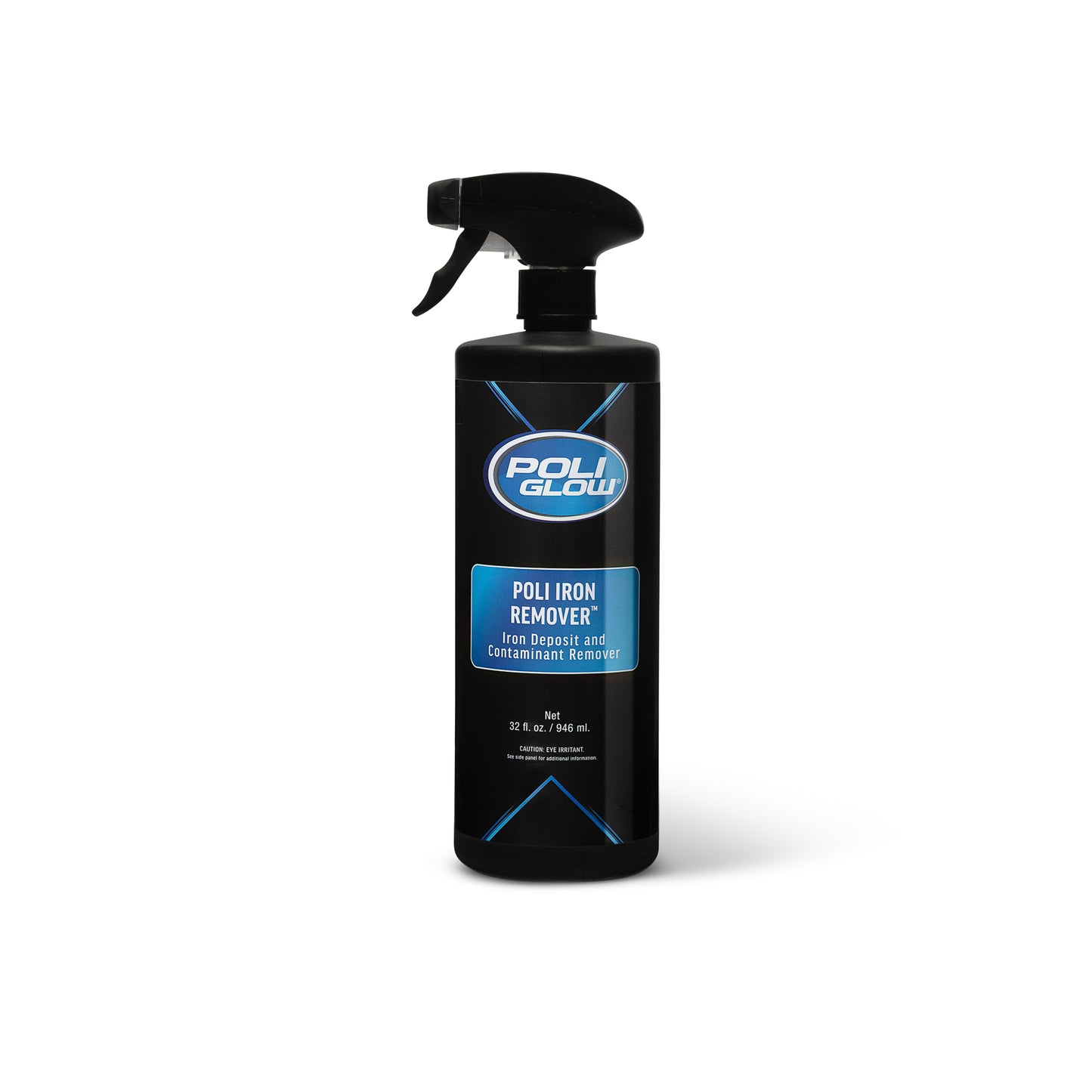 Poli Iron Remover is a iron remover spray for brake dust and fallout shown in a Black bottle of Poli Glow on a white background highlight the front label.