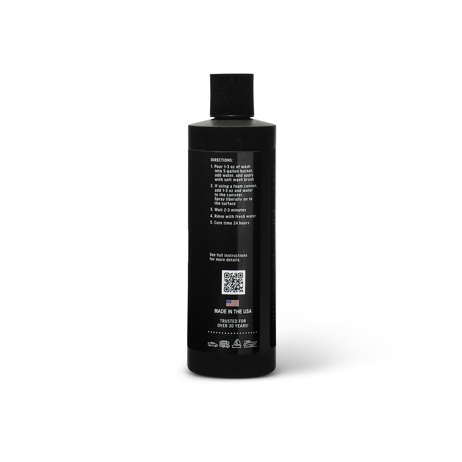 Poli Glow Poli Wash & Seal™ ceramic coating safe wash soap rich foam cleaning Black bottle with text and QR code on a white background