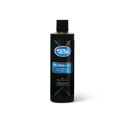 Bottle of Poli Glow Polish Wash & Seal on a white background SiO2 infused car shampoo for paint protection and is pH Neutral Shampoo safe for ceramic coatings