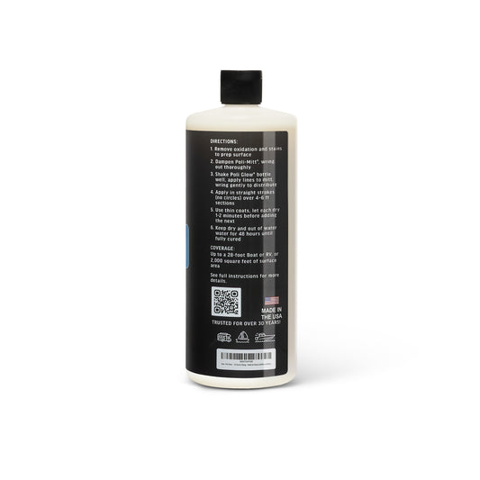 Bottle of Poli Glow high-gloss restorative polish on a white background showing the side with the directions