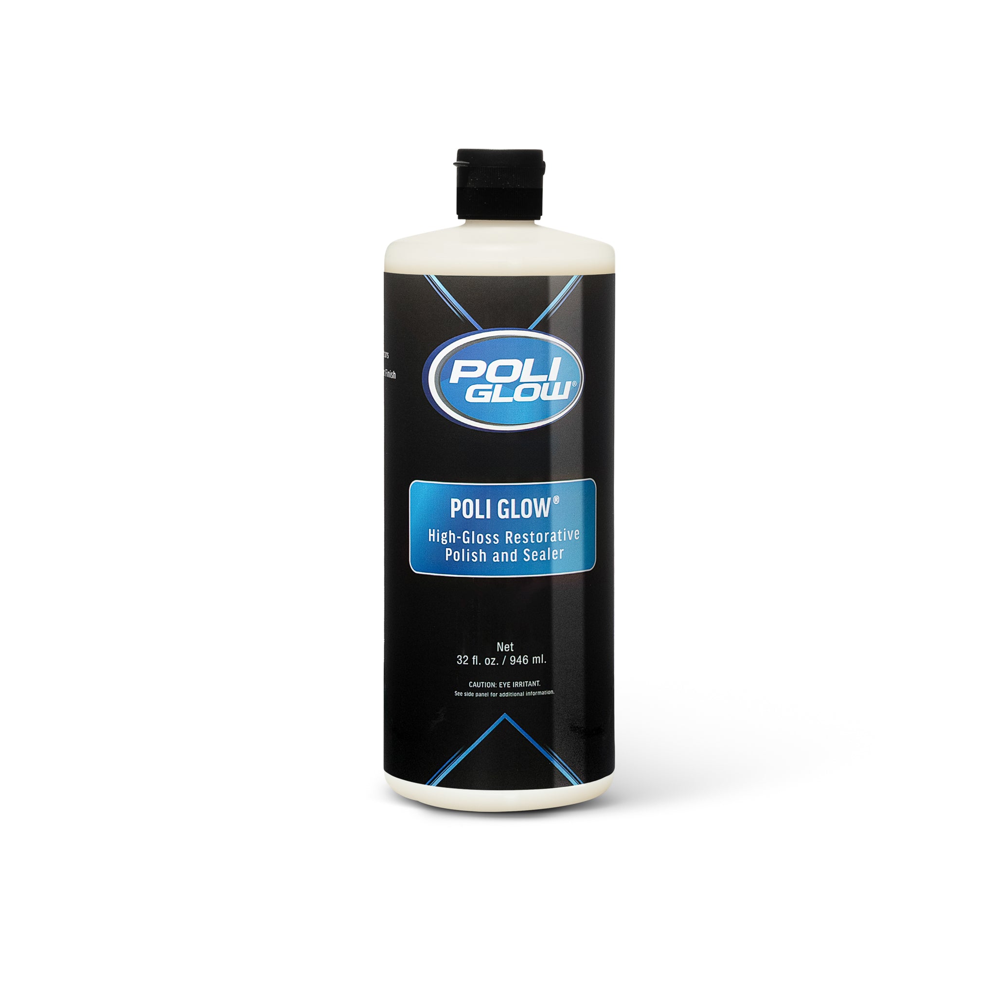 Bottle of Poli Glow high-gloss restorative polish on a white background