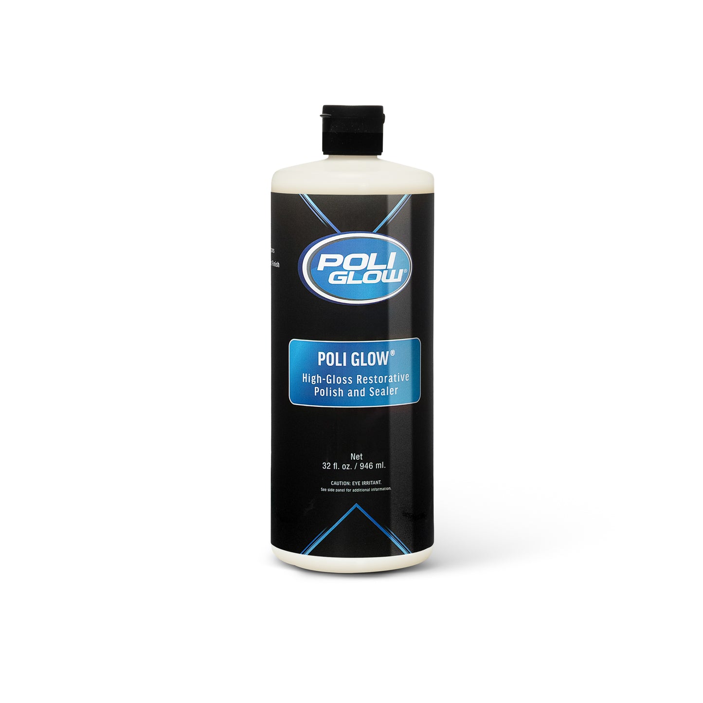 Bottle of Poli Glow high-gloss restorative polish on a white background