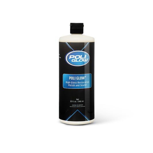 Bottle of Poli Glow high-gloss restorative polish on a white background