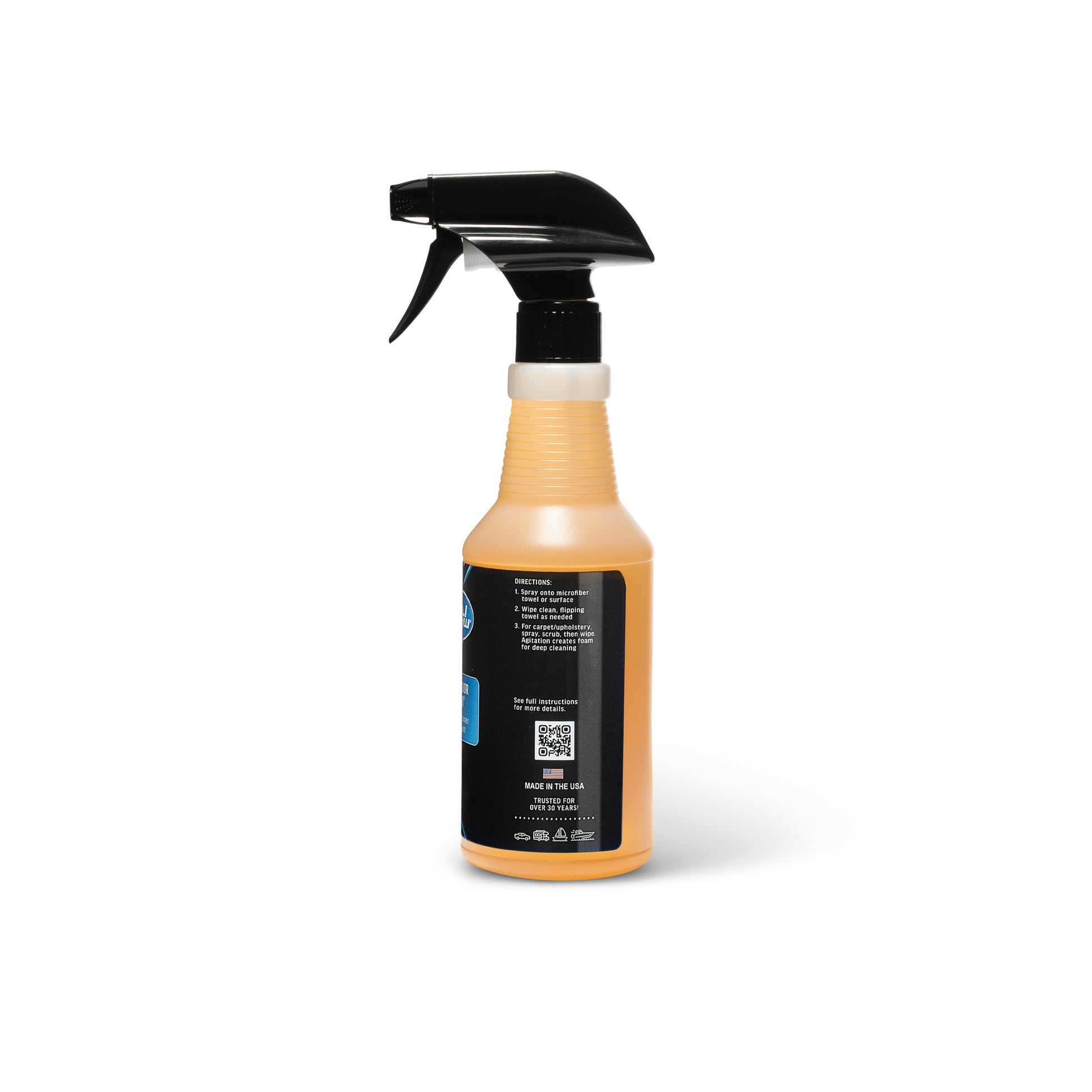 Poli Glow Poli Interior Detailer 16oz Spray bottle with a black nozzle on a white background showing side view with directions.
