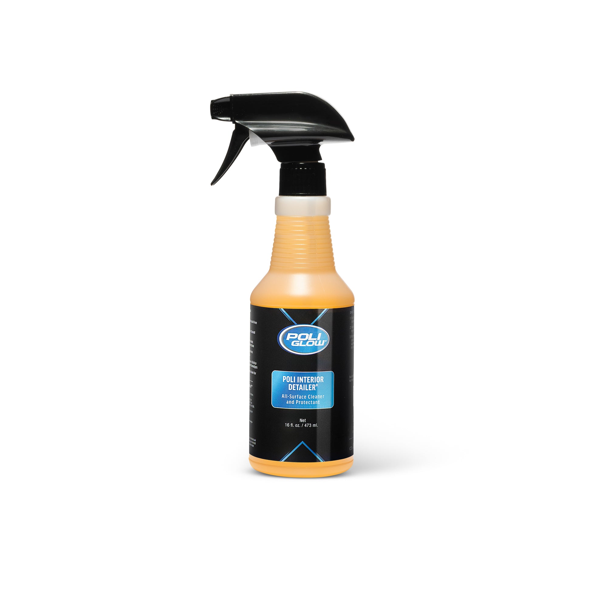 Poli Glow Poli Interior Detailer 16oz Spray bottle with a black nozzle on a white background showing front view 