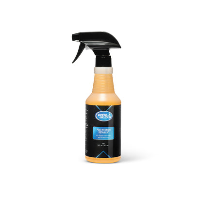Poli Glow Poli Interior Detailer 16oz Spray bottle with a black nozzle on a white background showing front view 