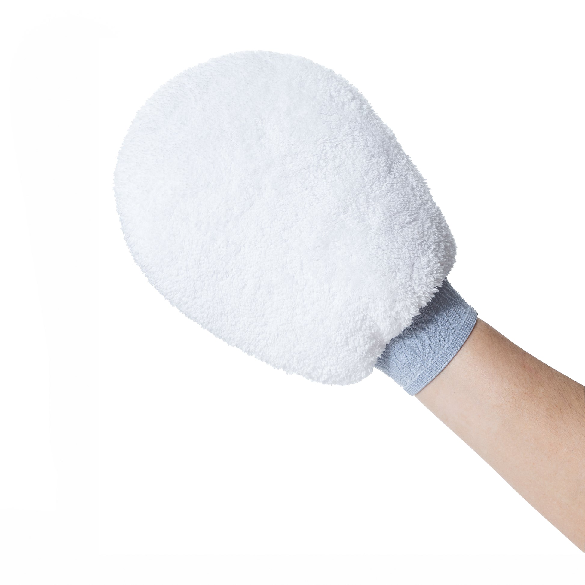Poli Glow White Fleece mitt held by a hand on a white background