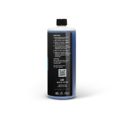 Bottle of Poli Glow Poli Prep concentrated fiberglass oxidation remover and cleanser side view showing the directions