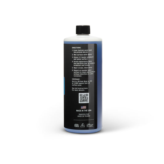 Bottle of Poli Glow Poli Prep concentrated fiberglass oxidation remover and cleanser side view showing the directions