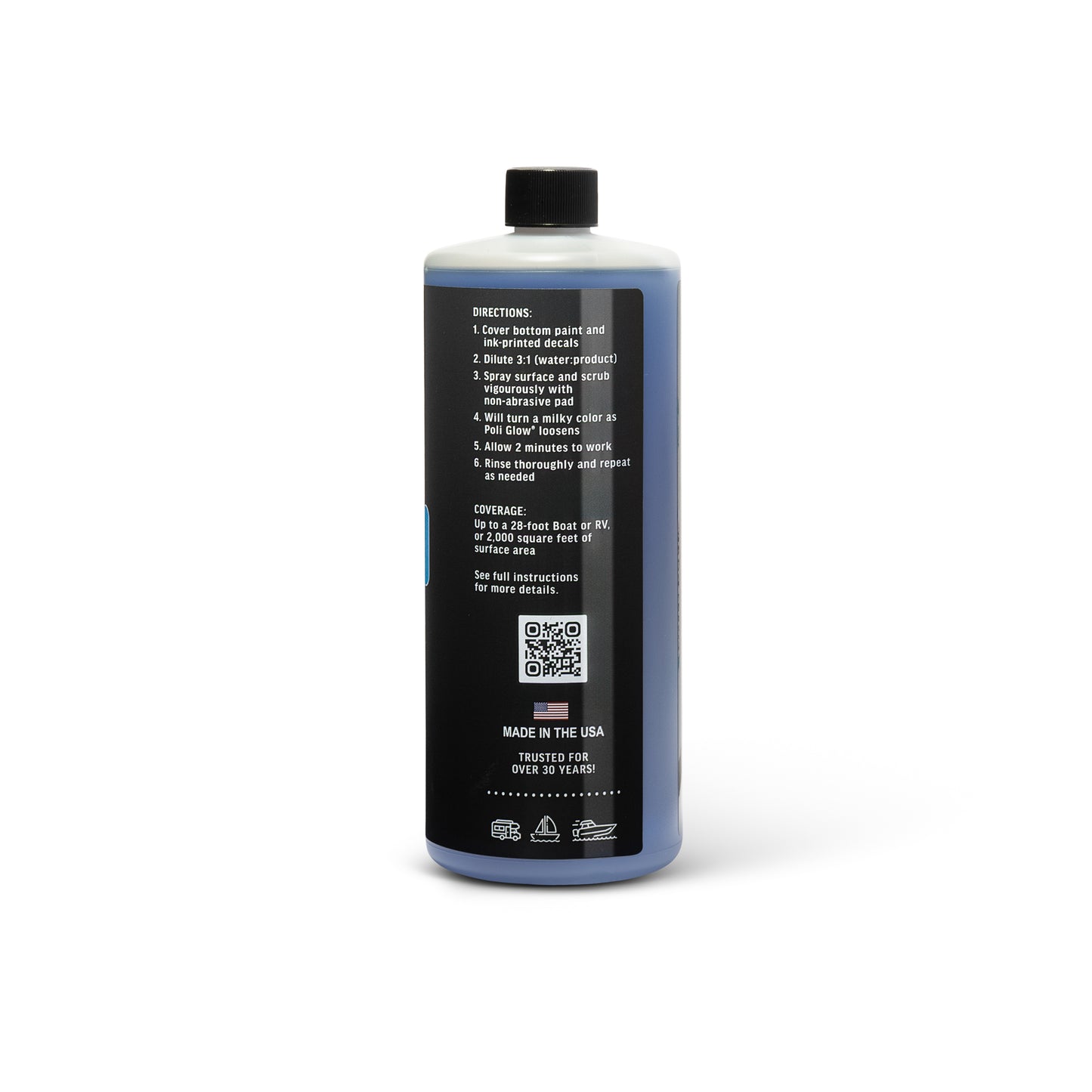 Poli Strip is a Concentrated Stripper and Degreaser for Removing Poli Glow side view shown to see the directions on white background