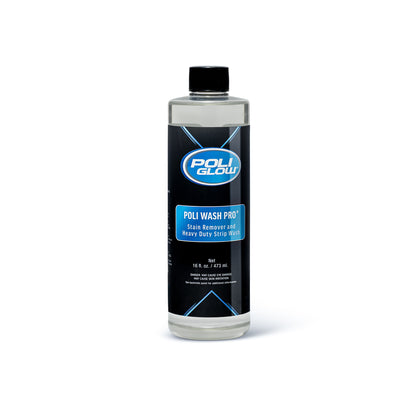 Bottle of Poli Wash Pro with Poli Glow logo on a white background