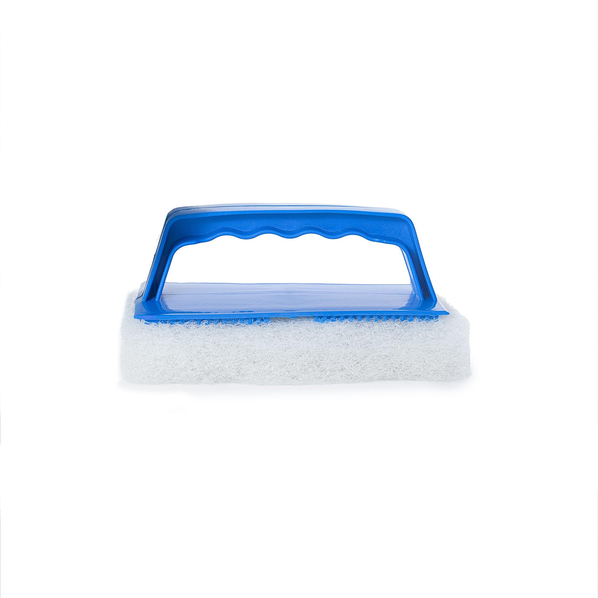 Poli Glow Scrub Pad with handle Cleaning brush with blue handle and white bristles on a white background
