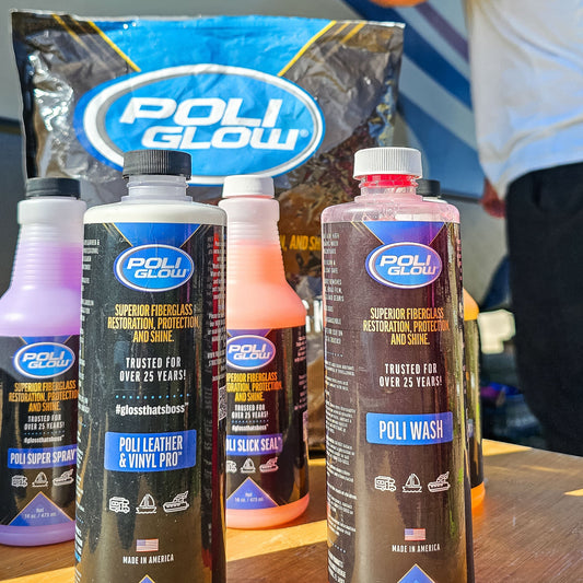 Poli Glow detailing kit featuring all the bottles displayed on a table with a male cleaning the dirt and grim from his RV.