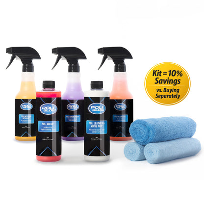 Poli Glow Detailing Kit that includes car, Boat, RV care products for internal and external cleaning and polishing offering 10% off label on a white background.