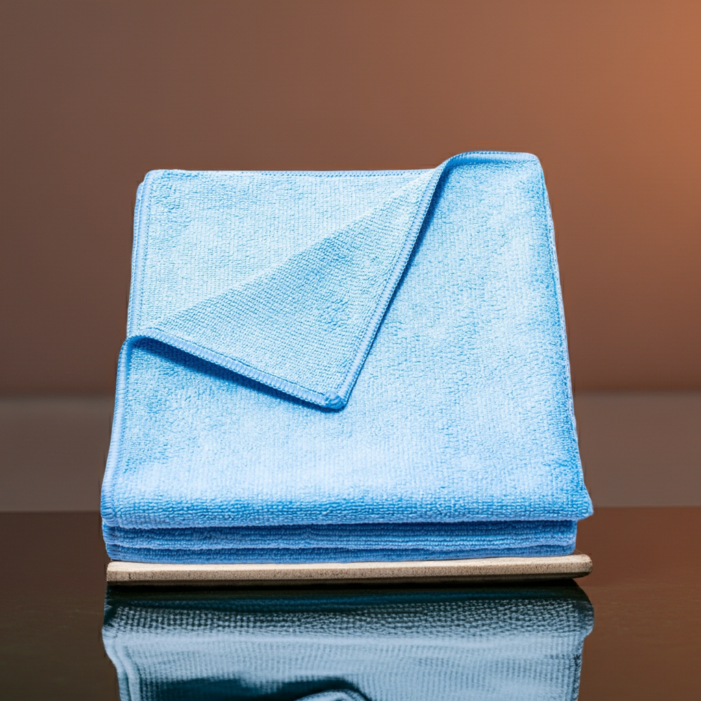 Stack of blue Poli Glow 320 GSM microfiber cloths on a reflective surface with a brown background