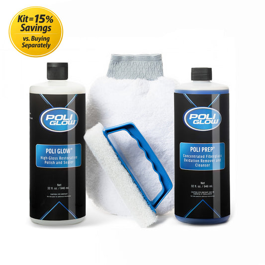 Poli Glow Restoration Kit containing the Poli Glow High-Gloss Restorative Polish and Sealer, Poli Prep Oxidation Remover and Cleanser, Poli Glow Mitt, and Brush offered at a 15% bundle savings on a white background
