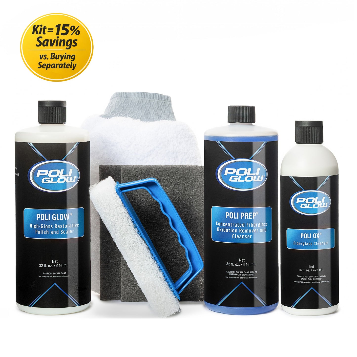 Poli Glow Deluxe Restoration Kit for removing oxidation and restoring Fiberglass or gelcoat shine in a 6 piece set at 15% off bundle pricing shown without the bag