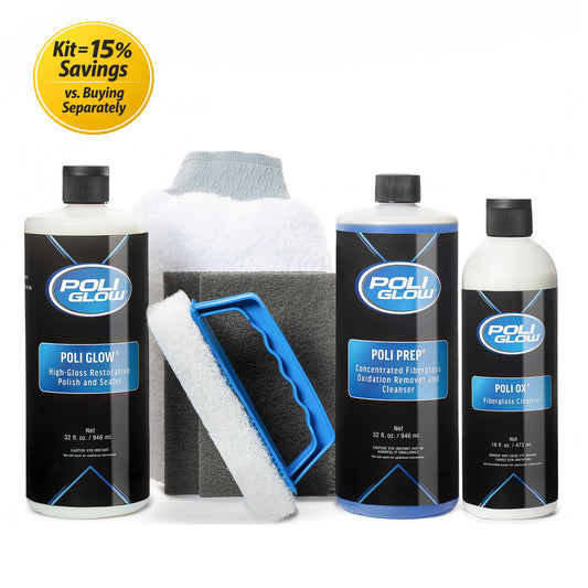 Poli Glow Deluxe Restoration Kit for removing oxidation and restoring Fiberglass or gelcoat shine in a 6 piece set at 15% off bundle pricing shown without the bag