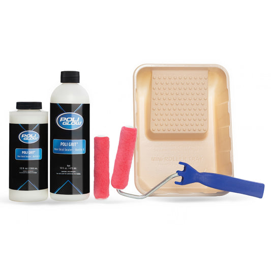 Poli glow poli grit non skid sealer Paint roller set with two bottles and a roller frame on a white background